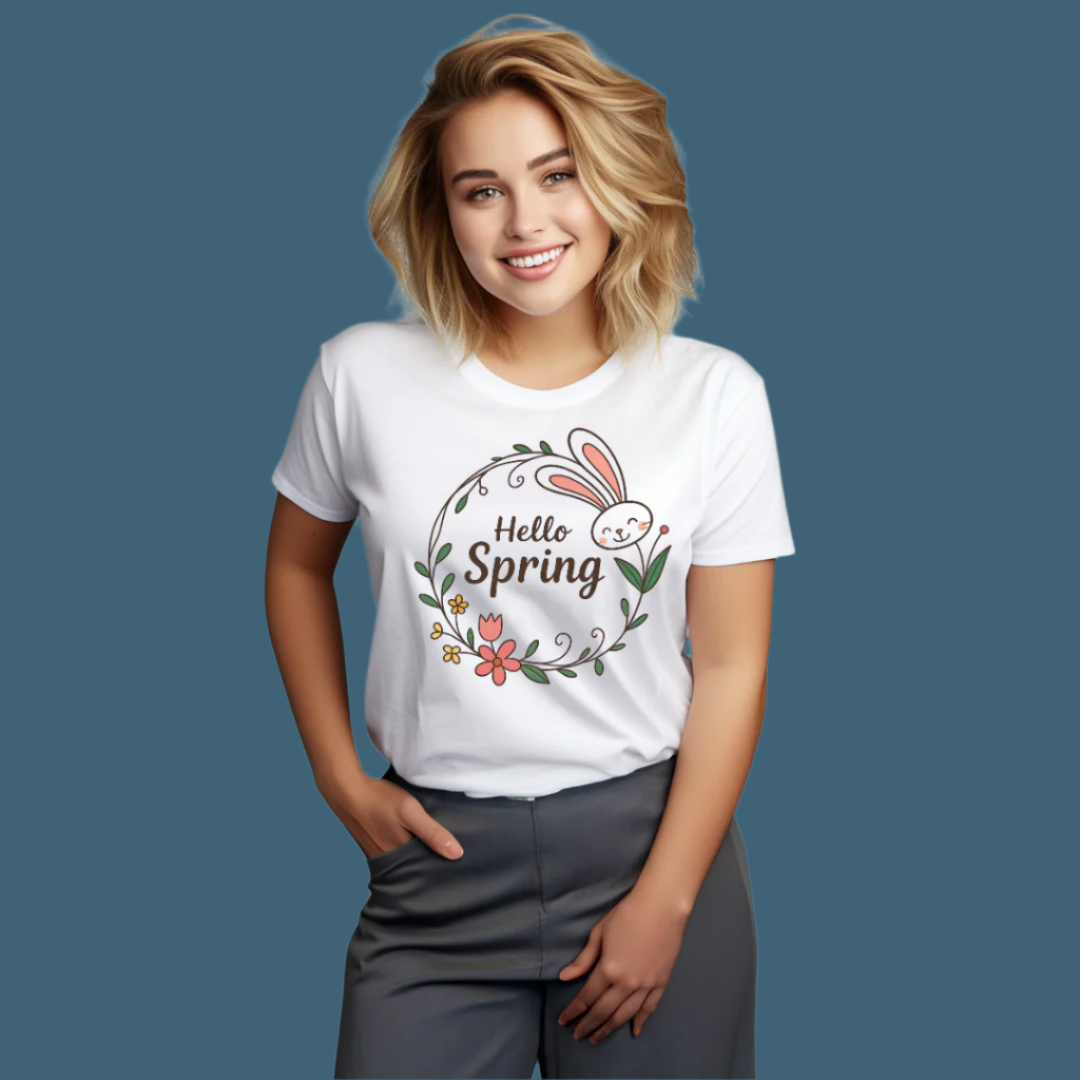 Hello Spring T-Shirt, Women's Casual Short Sleeve, 100% Cotton, Floral Bunny Design